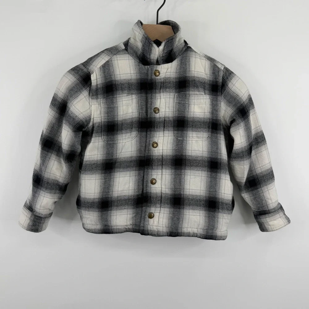 Old Navy Flannel Shirt‎ Jacket Kids Small 6-7 White Black Plaid Sherpa Lined